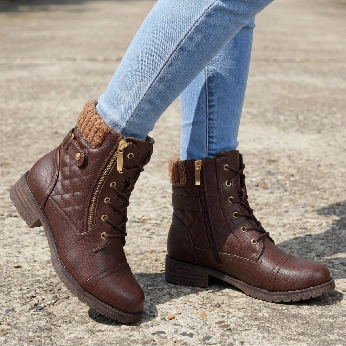 Model wearing Aria quilted lace-up ankle boots with jeans
