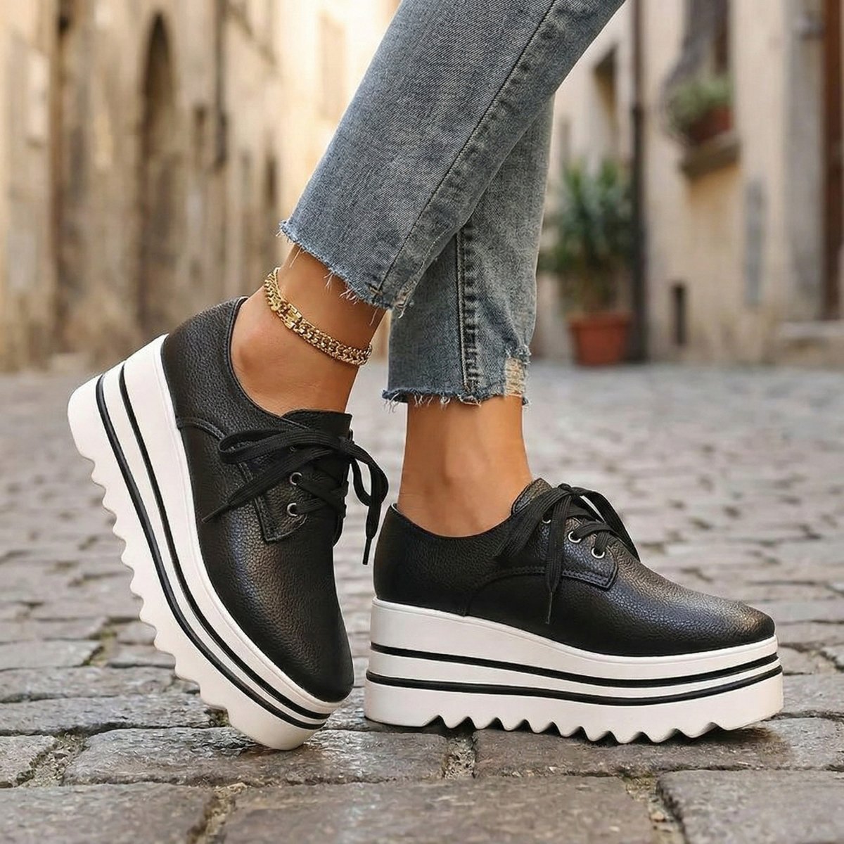 Mia platform lace-up shoes worn by a model