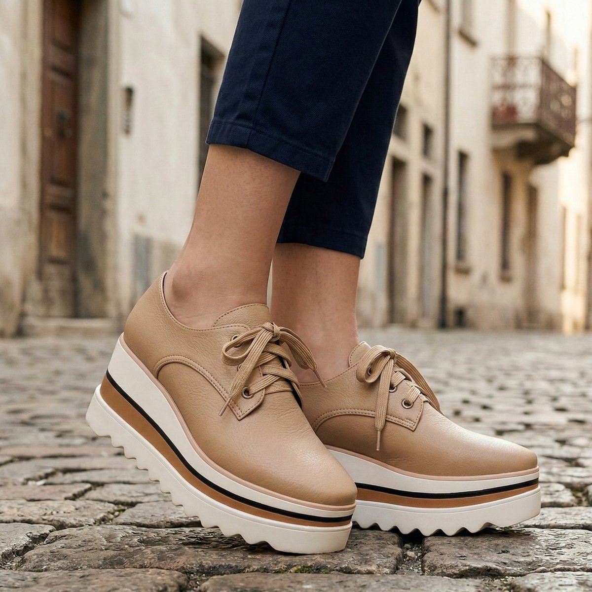 Mia platform lace-up shoes worn by a model