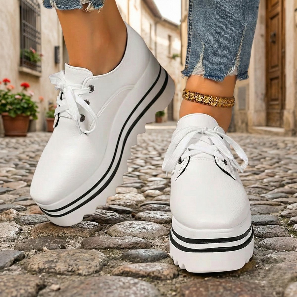 Mia platform lace-up shoes worn by a model