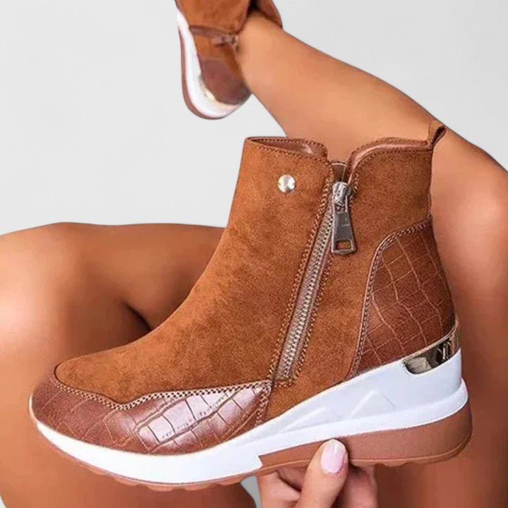 Side-zip details, up close. On-foot product styling.