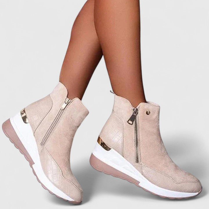 A soft beige finish. On-foot product styling.