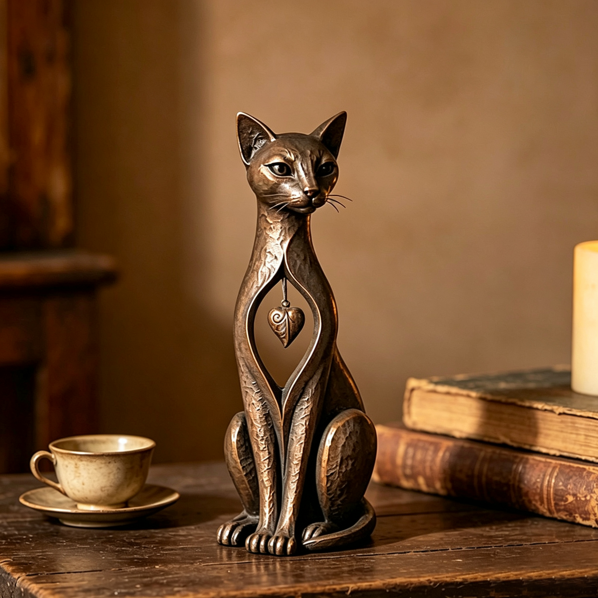Retro Bronze Hollowed-out Heart Cat Resin Sculpture, European Art Style Home Decor Item