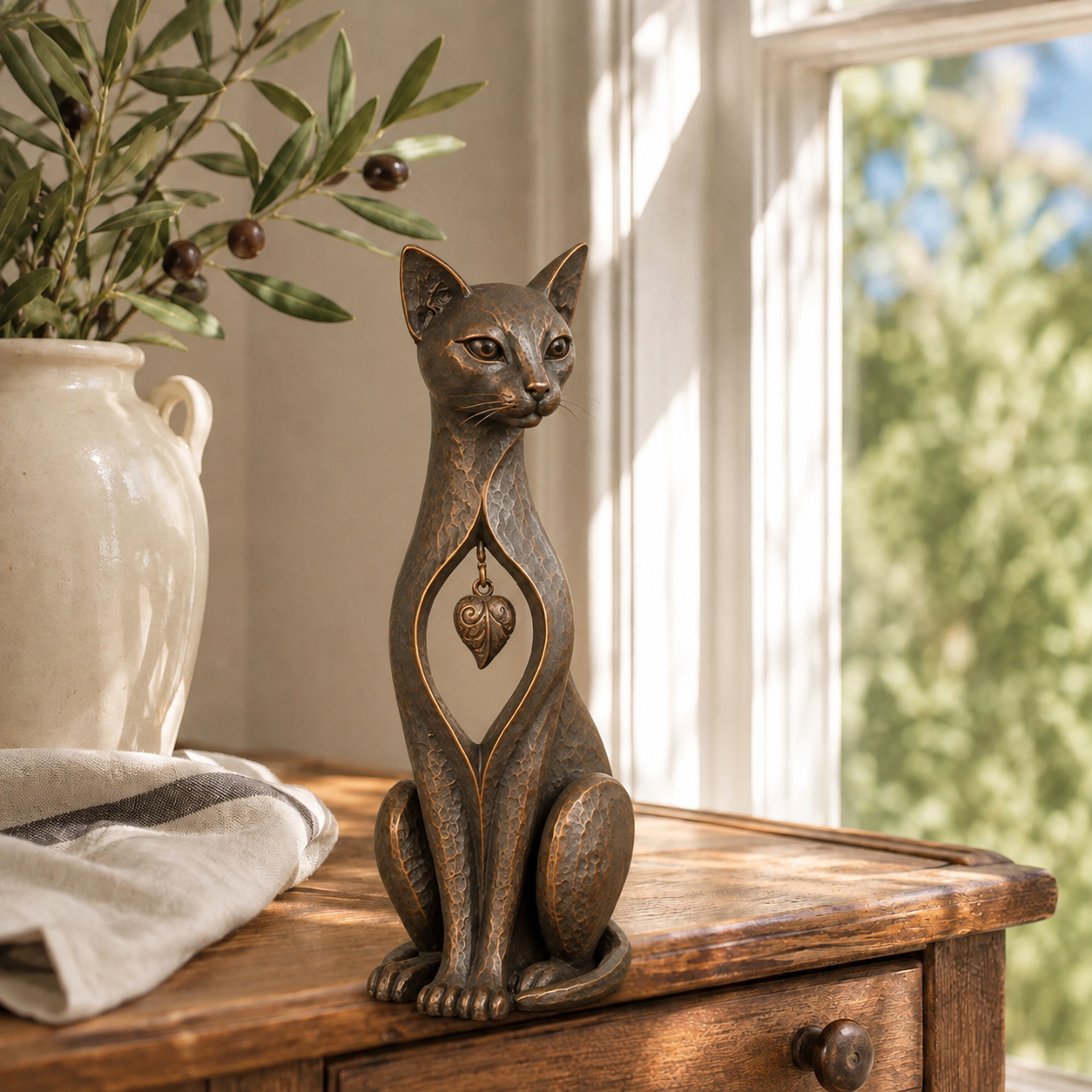 Retro Bronze Hollowed-out Heart Cat Resin Sculpture, European Art Style Home Decor Item