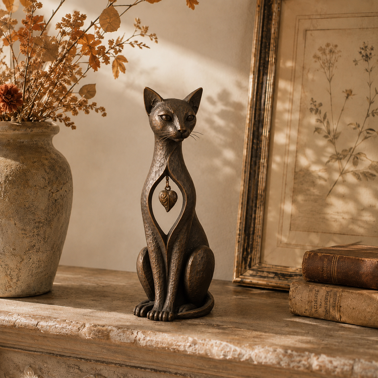 Retro Bronze Hollowed-out Heart Cat Resin Sculpture, European Art Style Home Decor Item