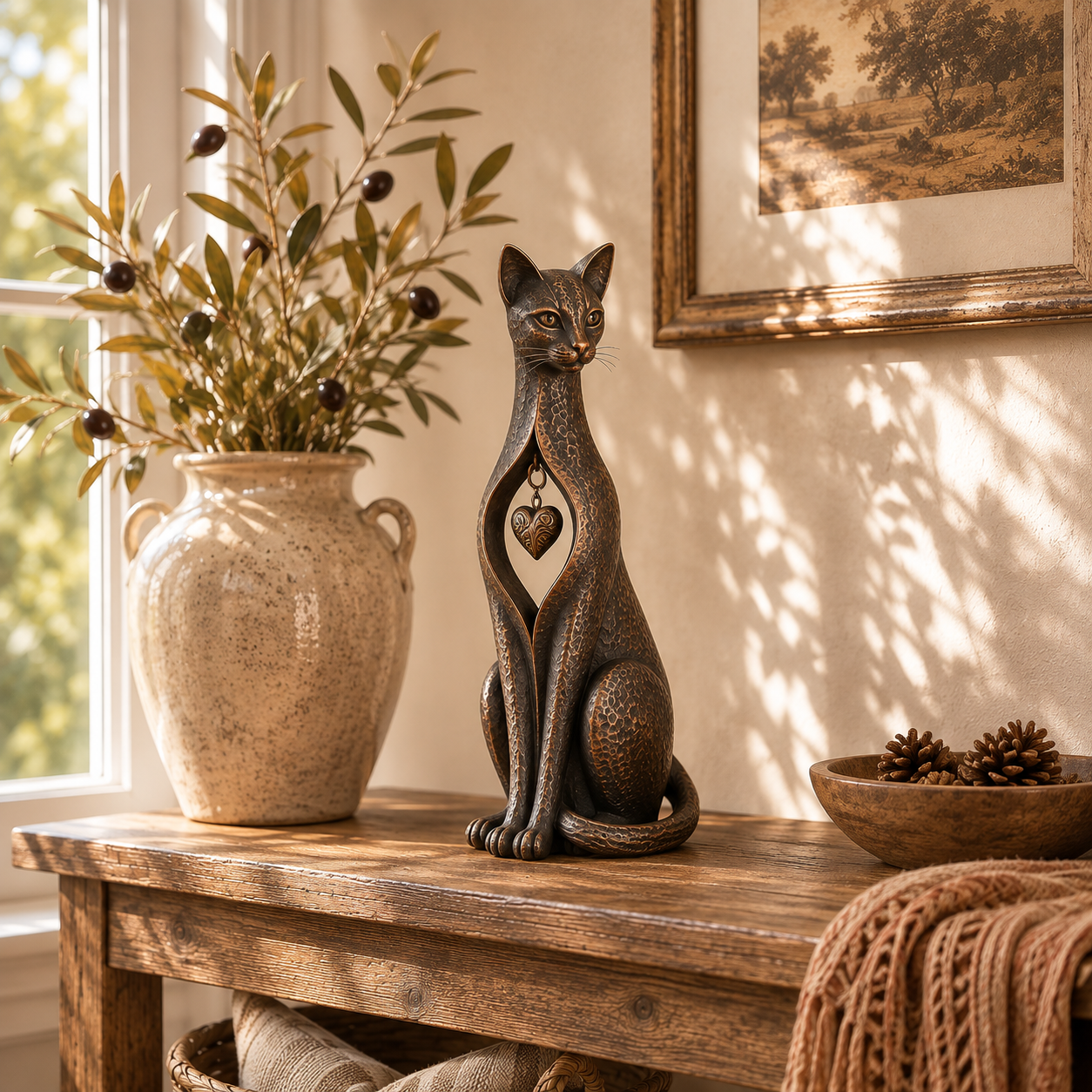 Retro Bronze Hollowed-out Heart Cat Resin Sculpture, European Art Style Home Decor Item
