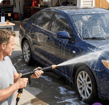 Customer washing car with the nozzle