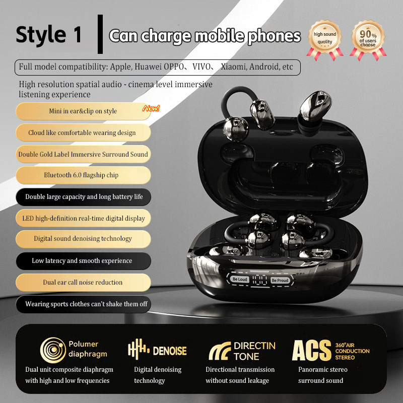 Couple Ear Clip Cool Anti Noise Sports Listening Games Wireless Bluetooth Earphones With Long Battery Life And Digital Display