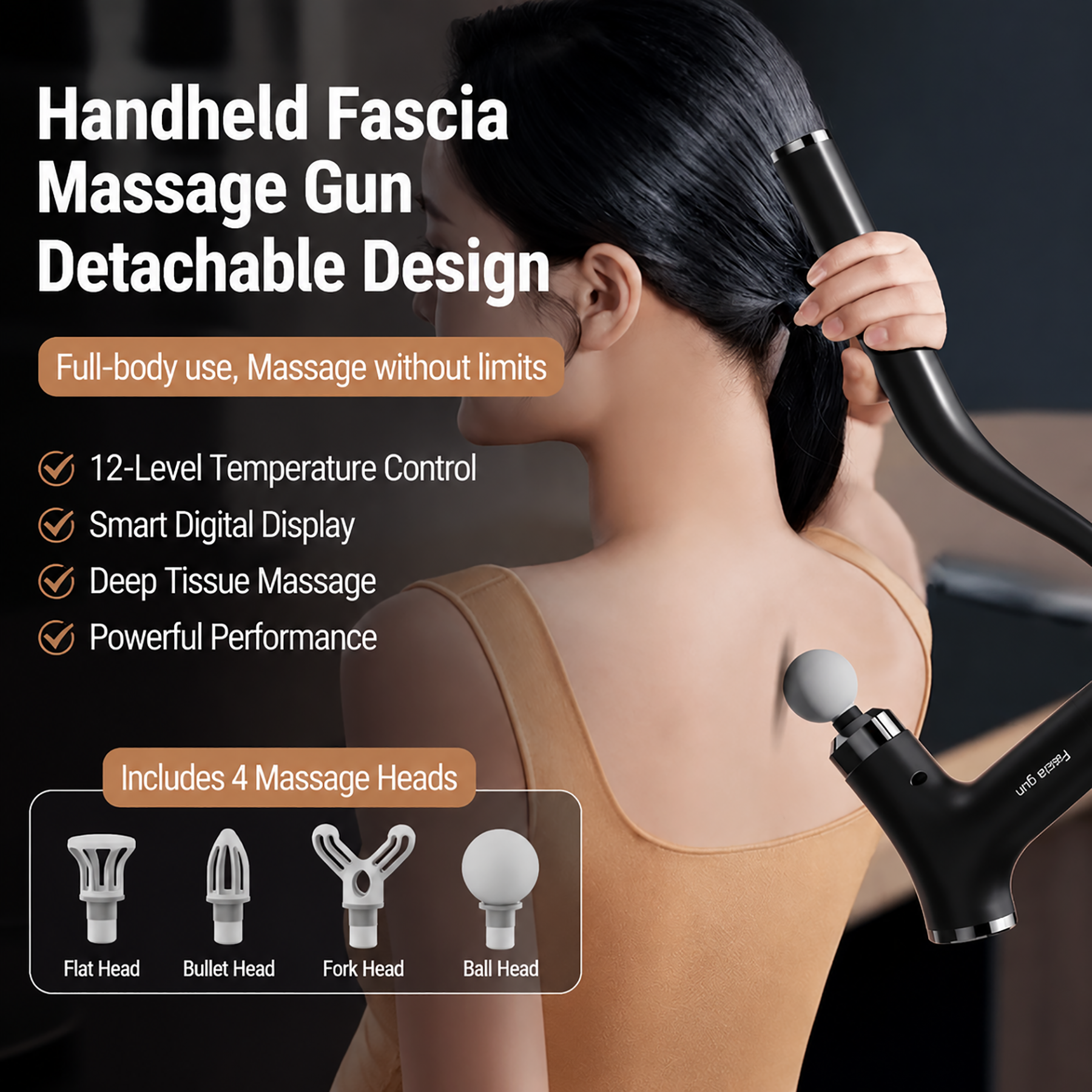 Handheld long-handled angled attachment massager gun