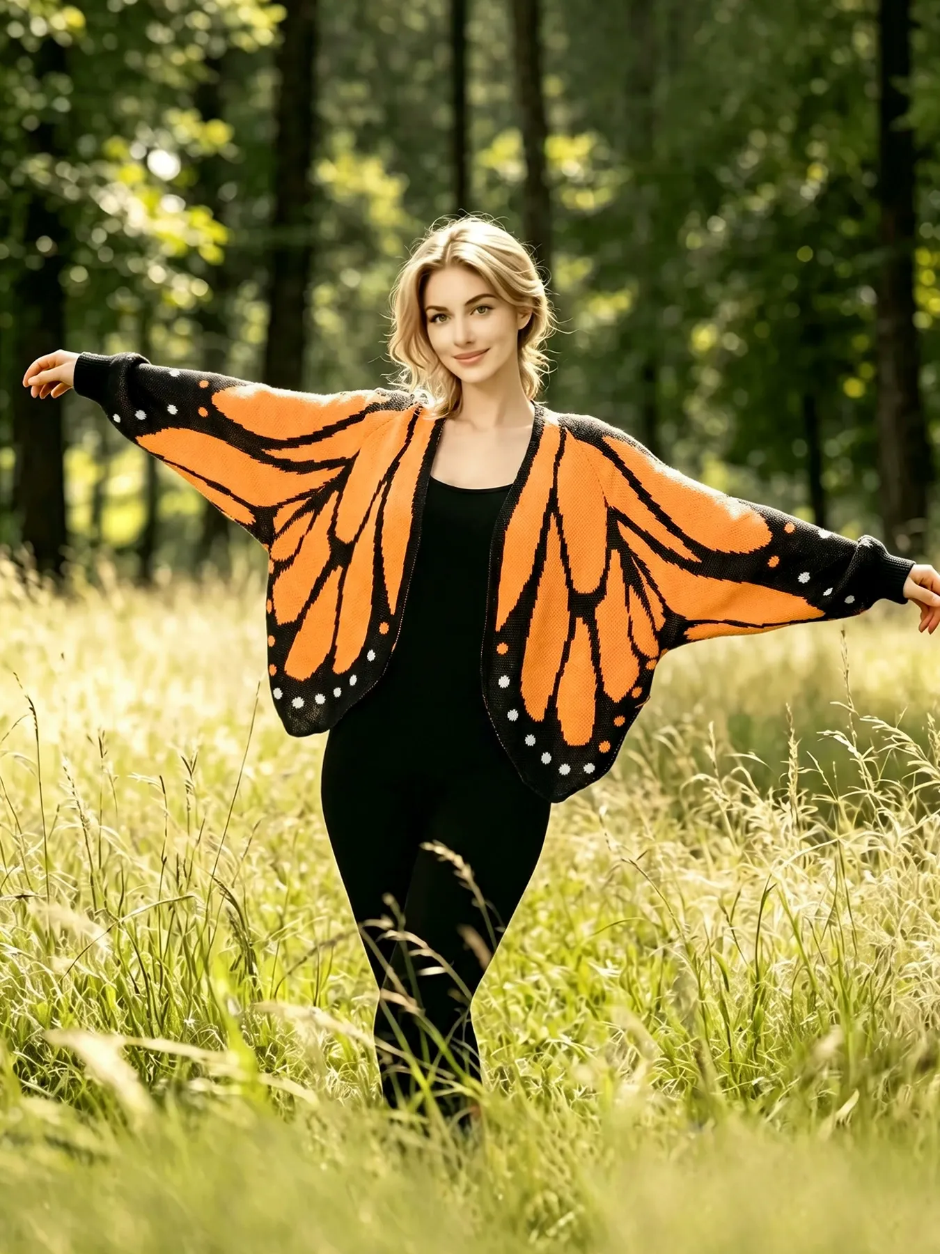 Orange butterfly wing knit cardigan with batwing sleeves