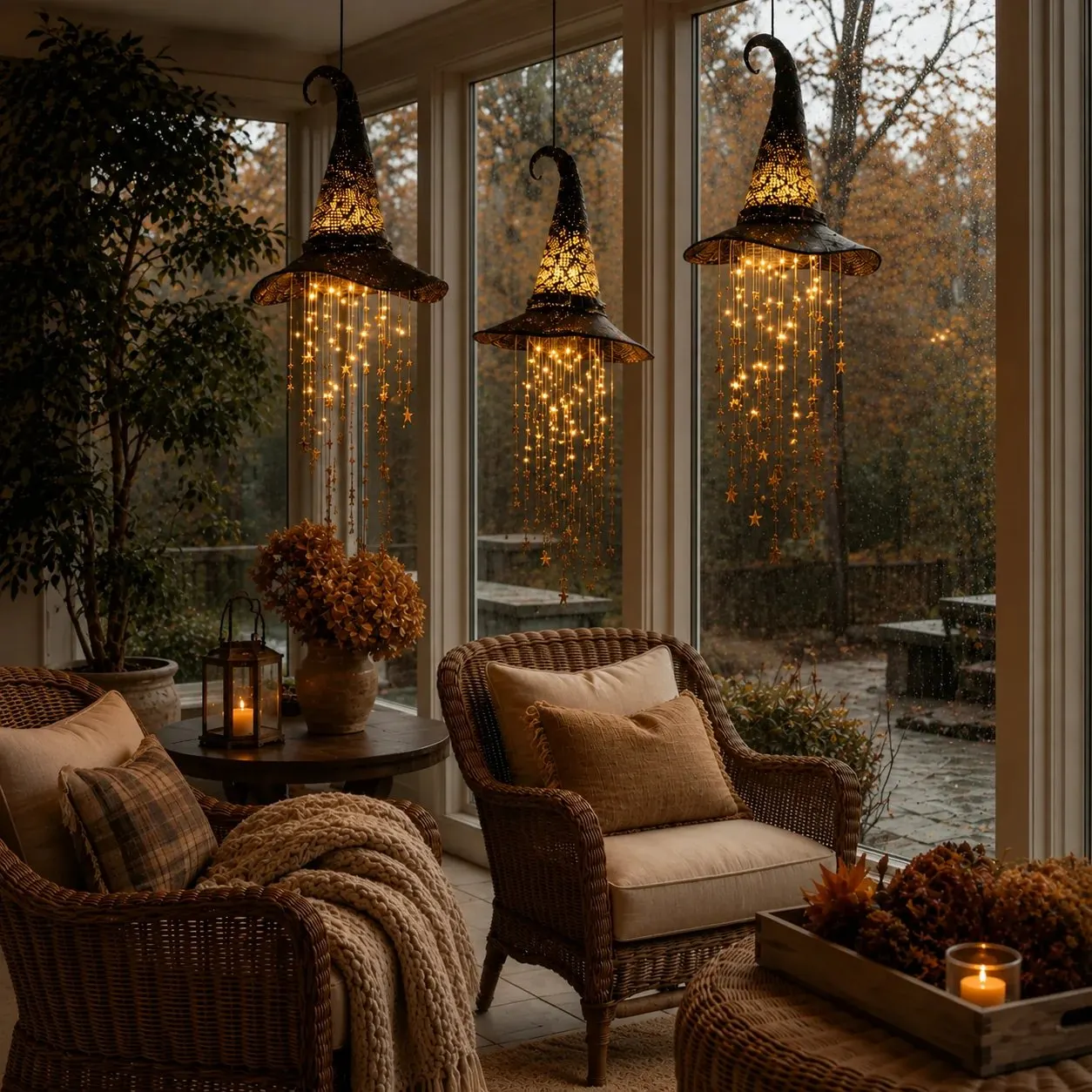 Three illuminated witch hats displayed inside by large windows