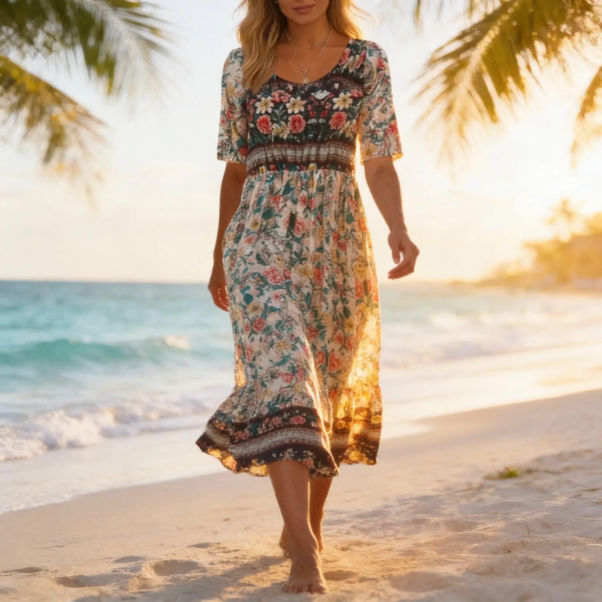 Women's Round Neck Short Sleeve Bohemian Print Dress - Hero Image