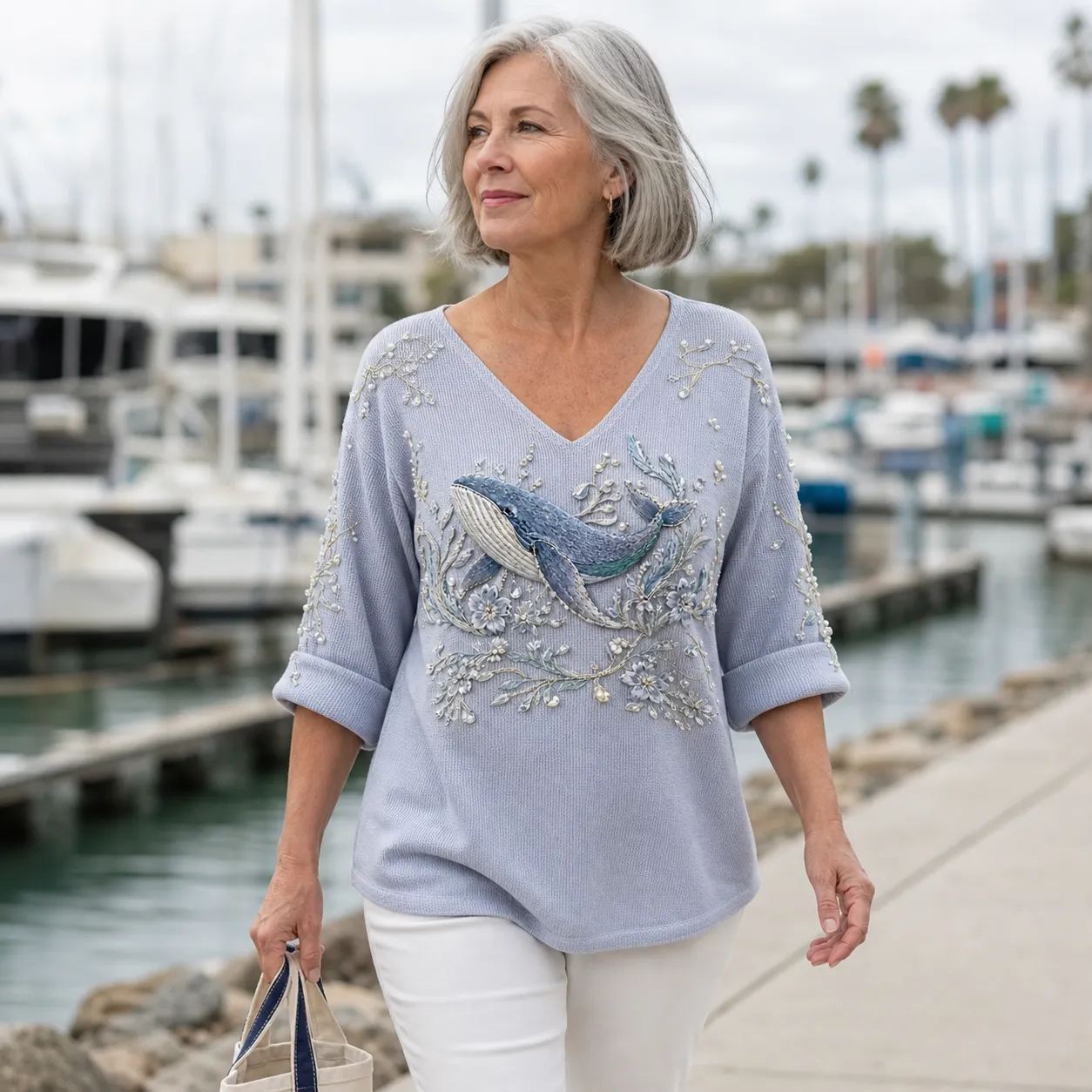 Whale Style worn by a silver-haired mature model on a marina walk