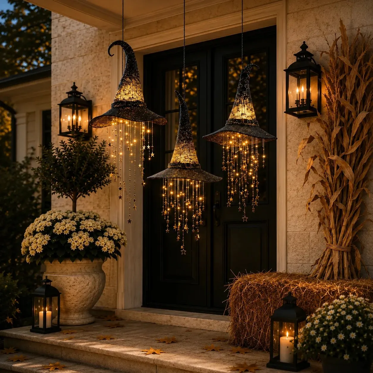 Three glowing witch hats hanging at a Halloween front-door display