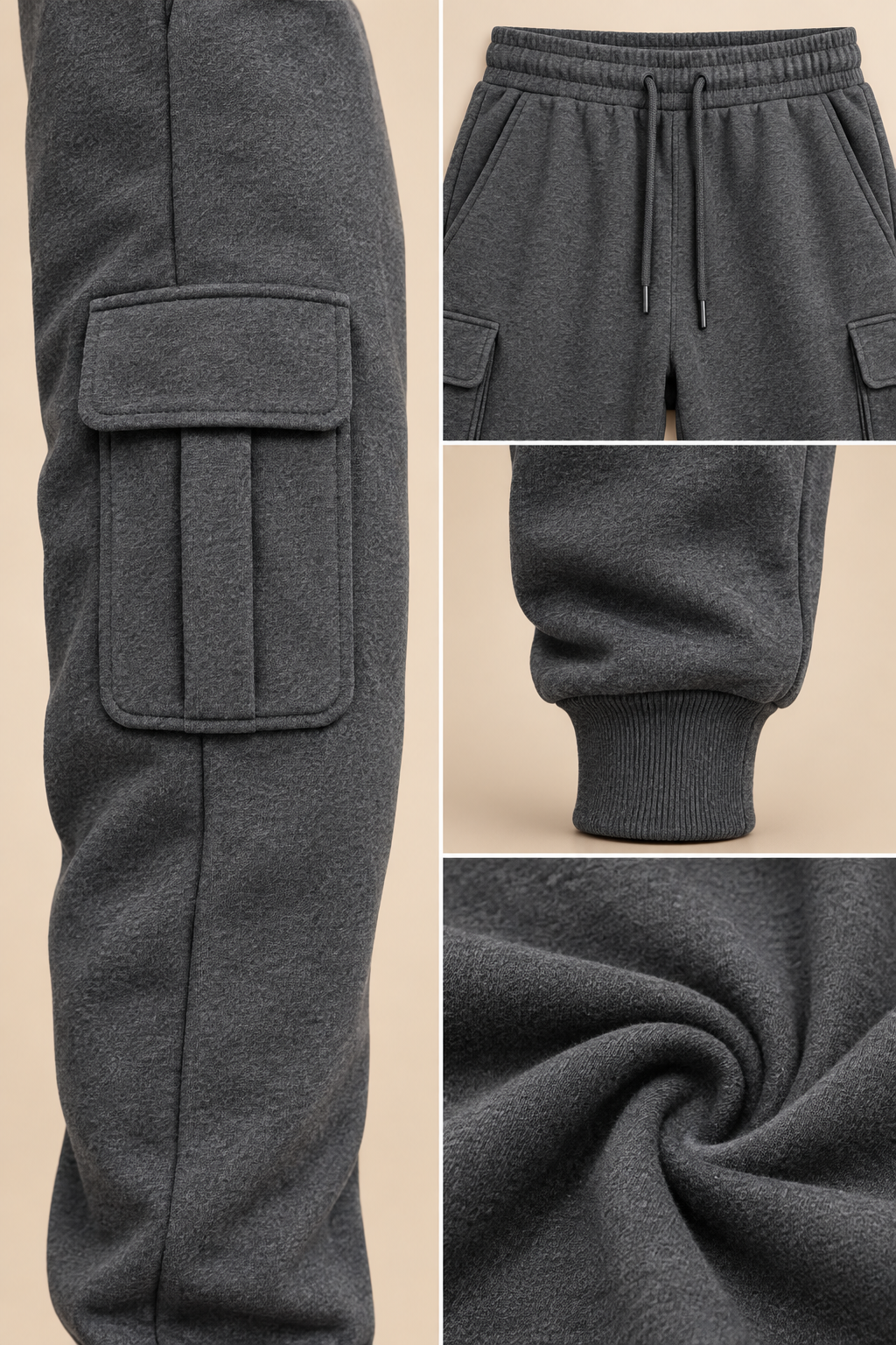 Dark gray hooded cargo jogger set construction detail