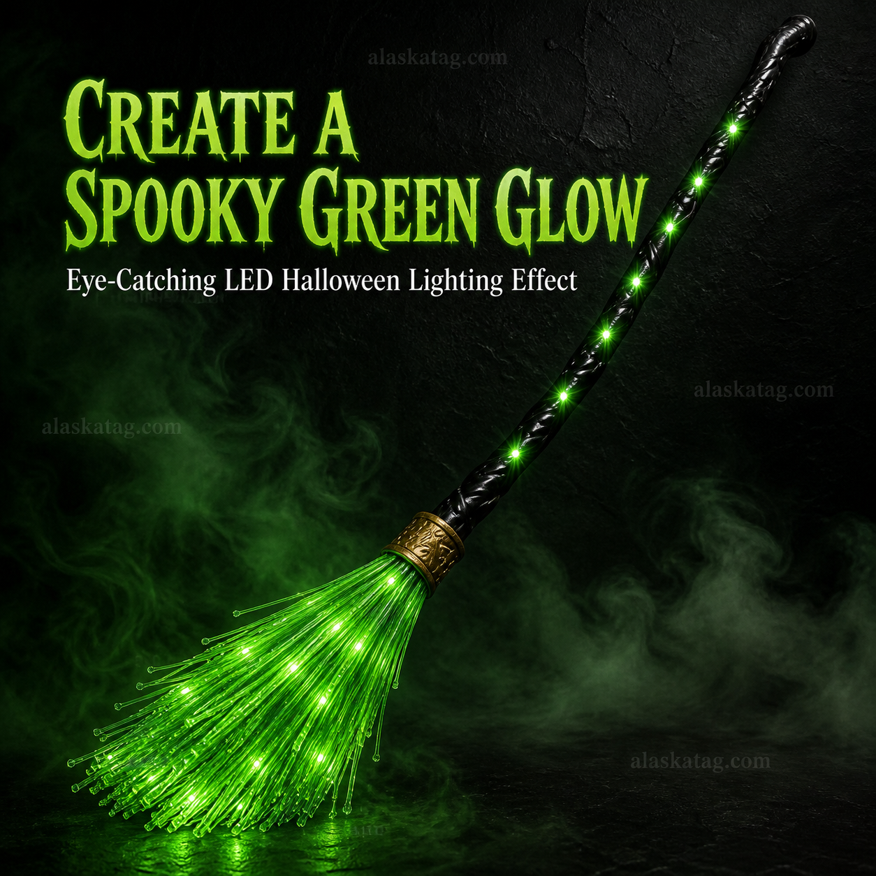Glowing green LED witch broom Halloween decoration