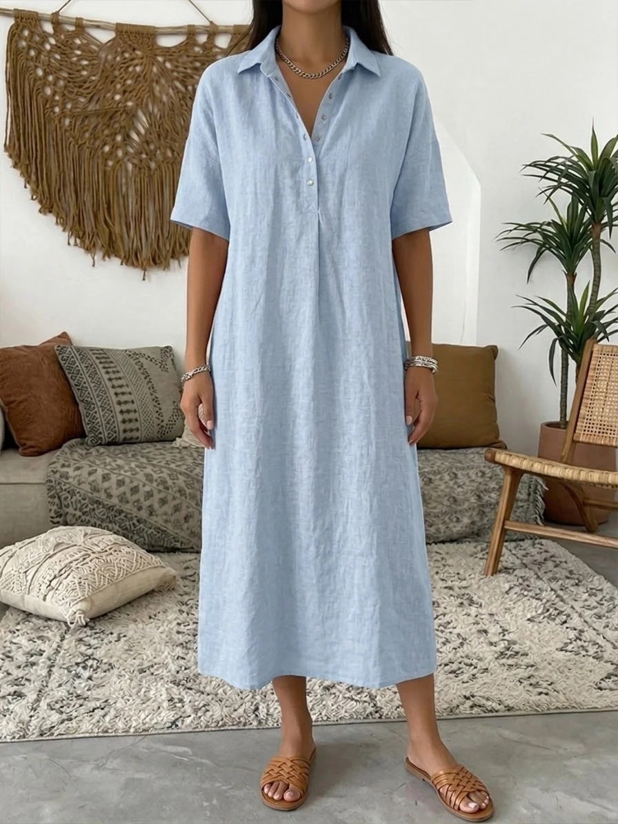Abito Midi Camicia Donna con Collo Polo, Mezza Bottoniera, Maniche Corte, Taglio Rilassato Dritto, Casual Vacanze Tunica