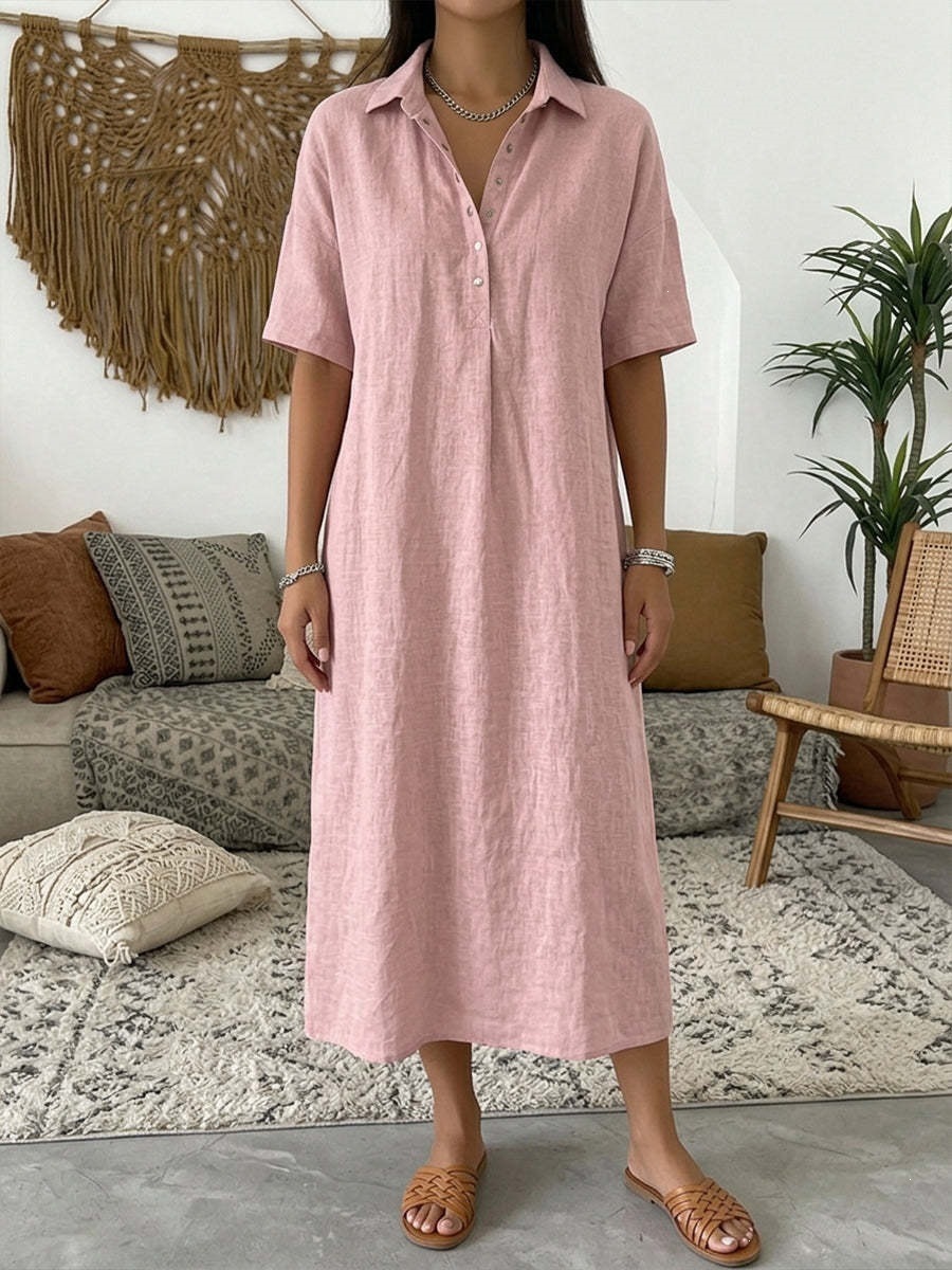 Abito Midi Camicia Donna con Collo Polo, Mezza Bottoniera, Maniche Corte, Taglio Rilassato Dritto, Casual Vacanze Tunica