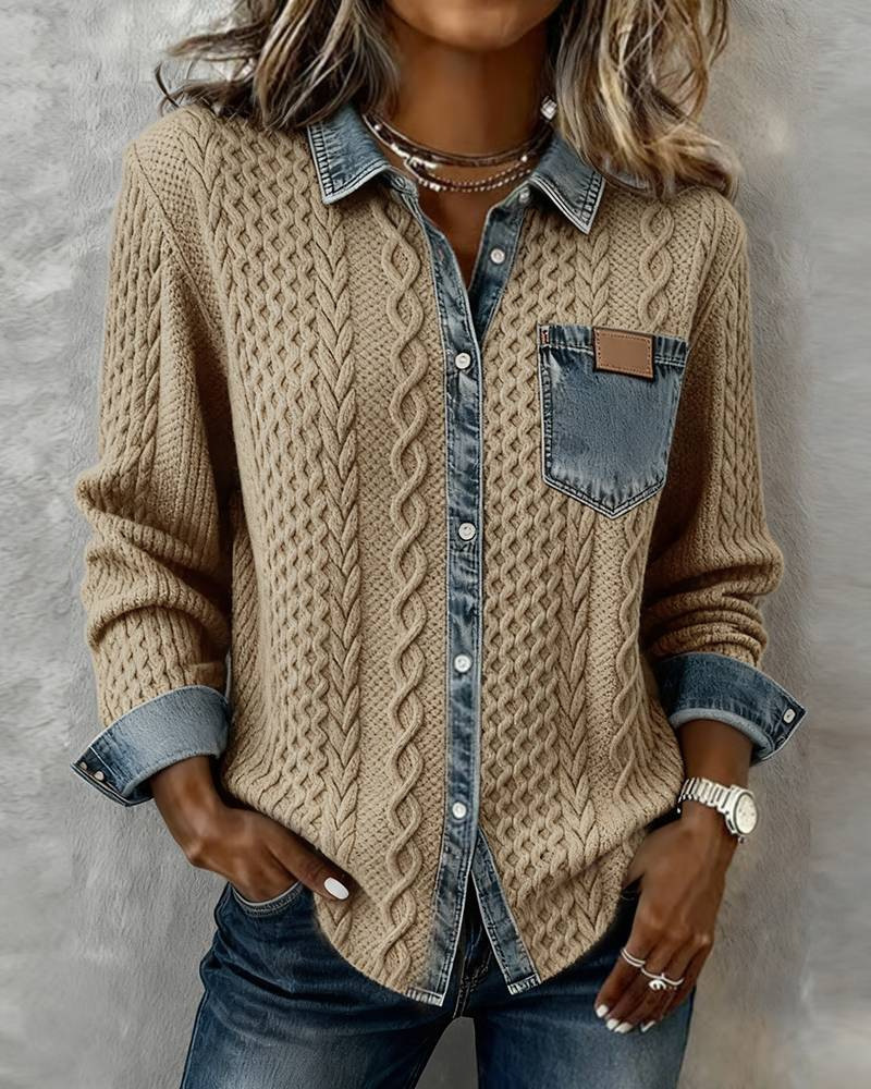 Cardigan in maglia a treccia con collo in denim patchwork