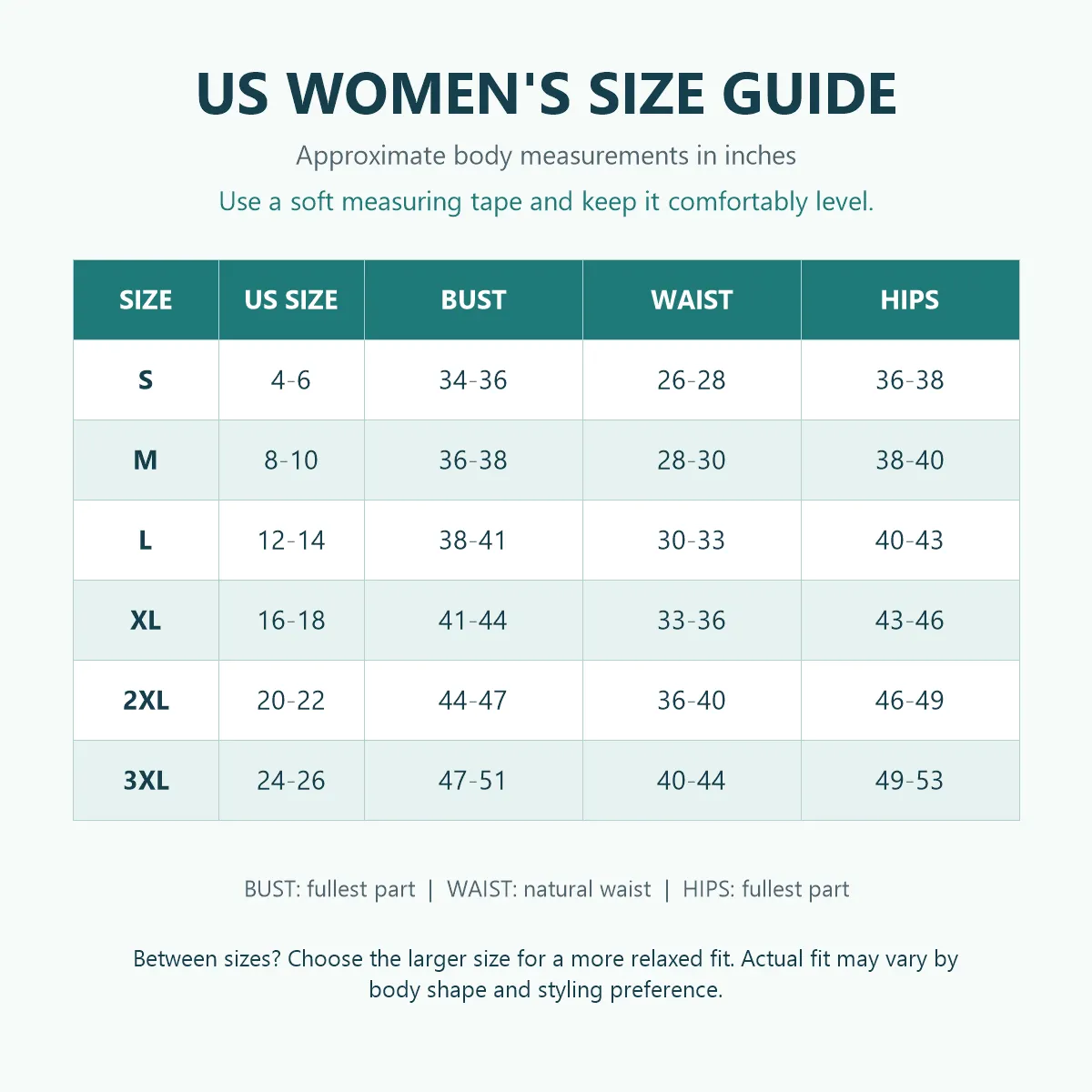 US women's size guide S to 3XL with body measurements in inches