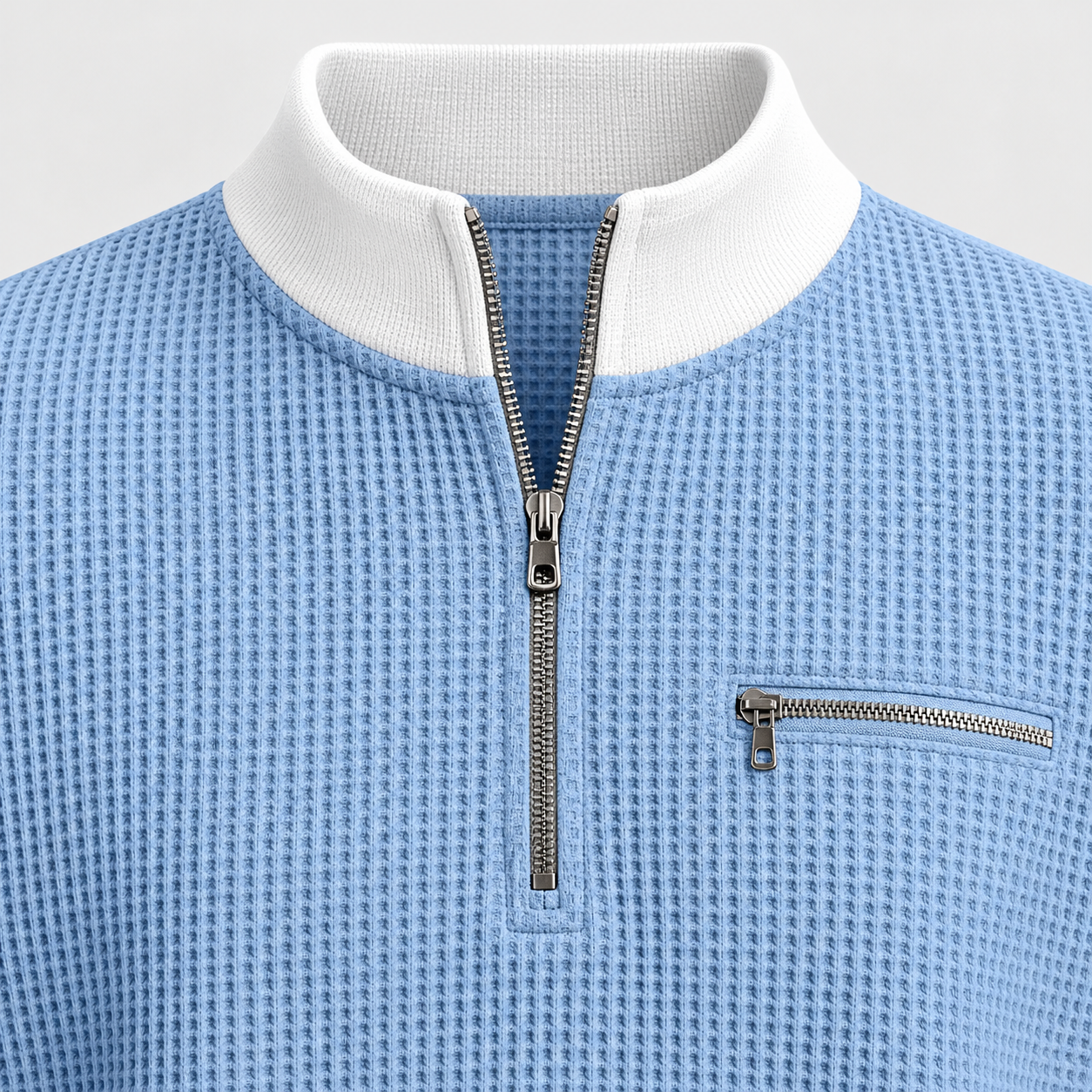 Sky Blue Stand Collar and Quarter-Zip Detail