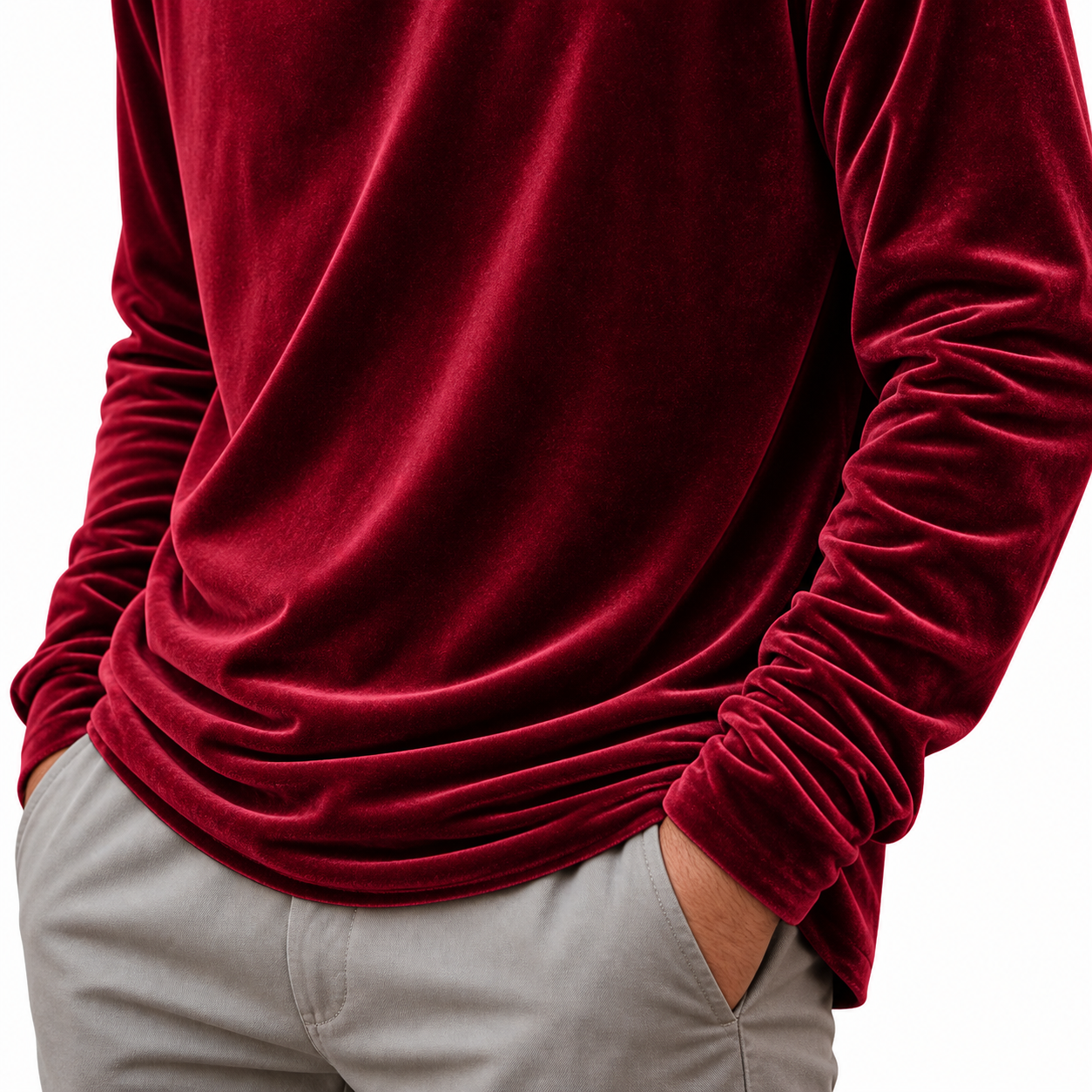 Men's wine red velvet pullover detail