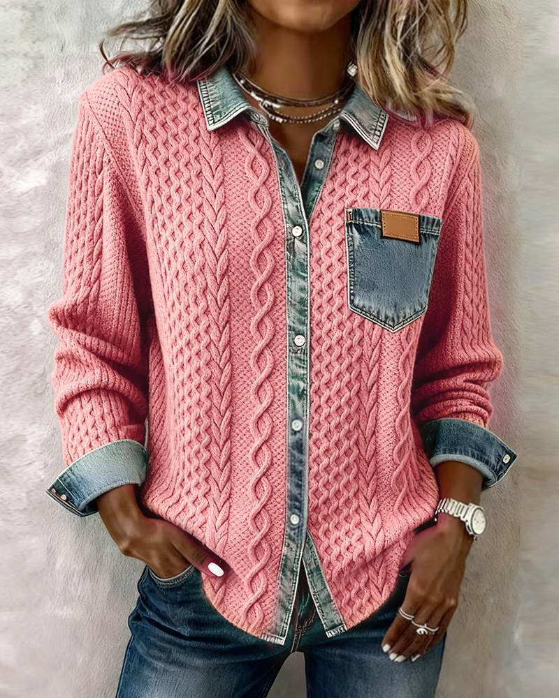 Cardigan in maglia a treccia con collo in denim patchwork