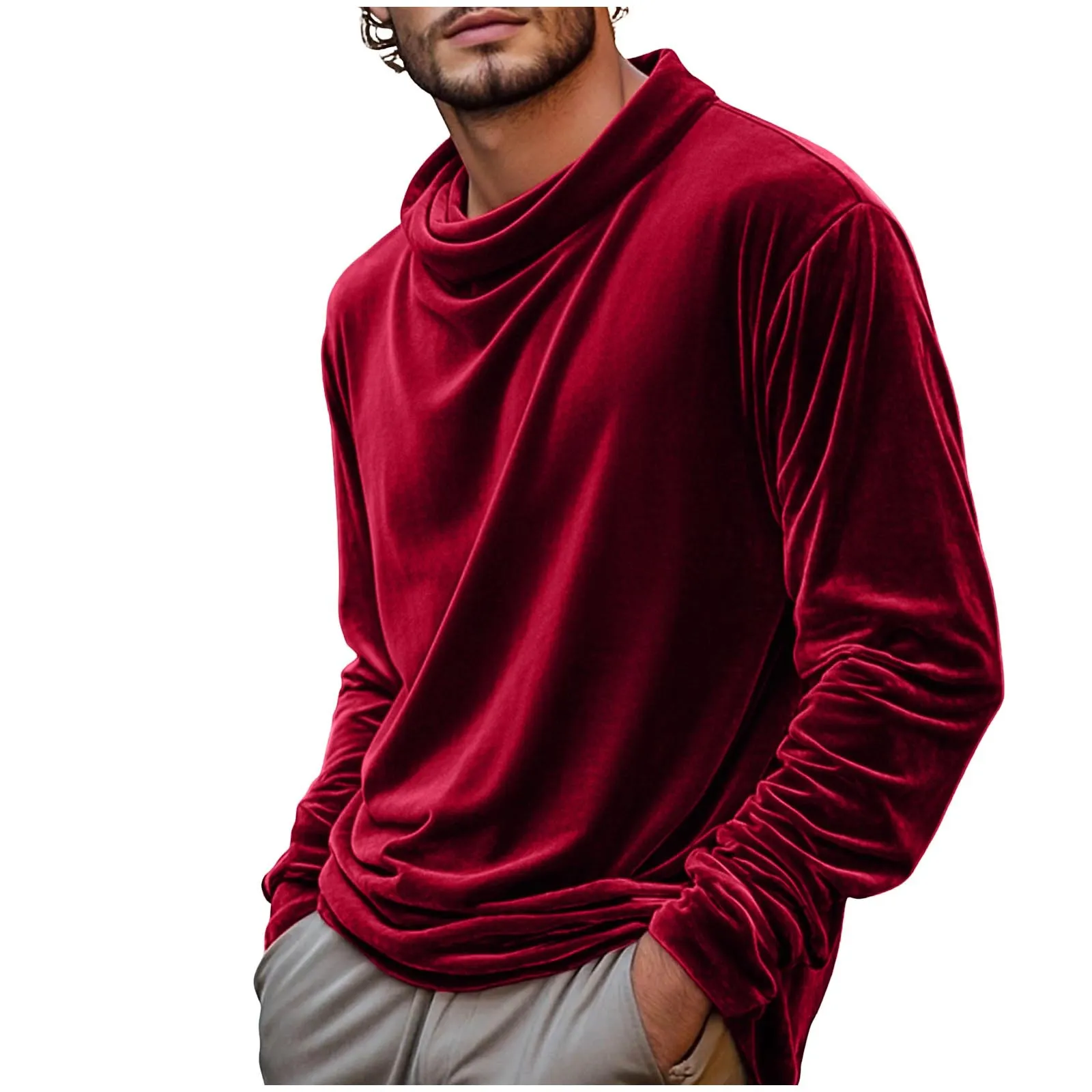 Men's wine red velvet pullover detail