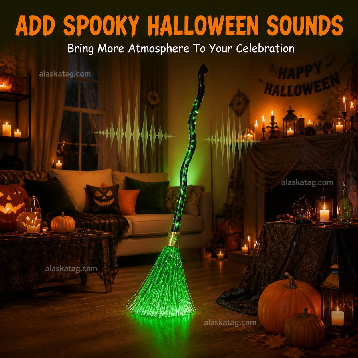 Halloween witch broom LED lighting details