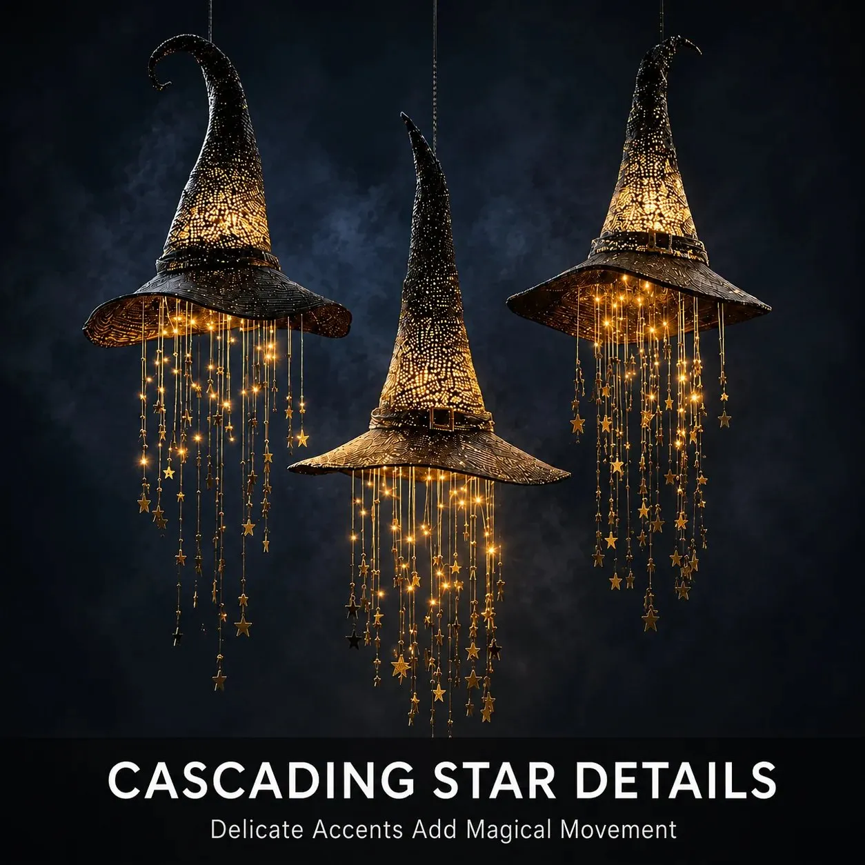 Cascading star details hanging beneath three illuminated witch hats