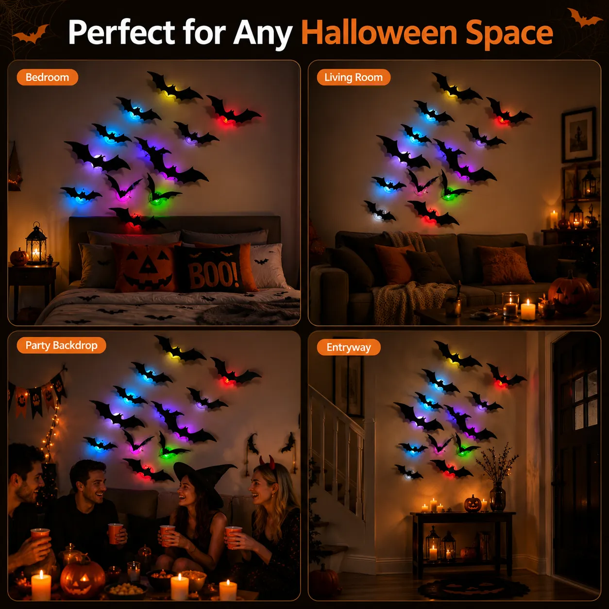 Halloween bat decor in bedroom living room party backdrop and entryway