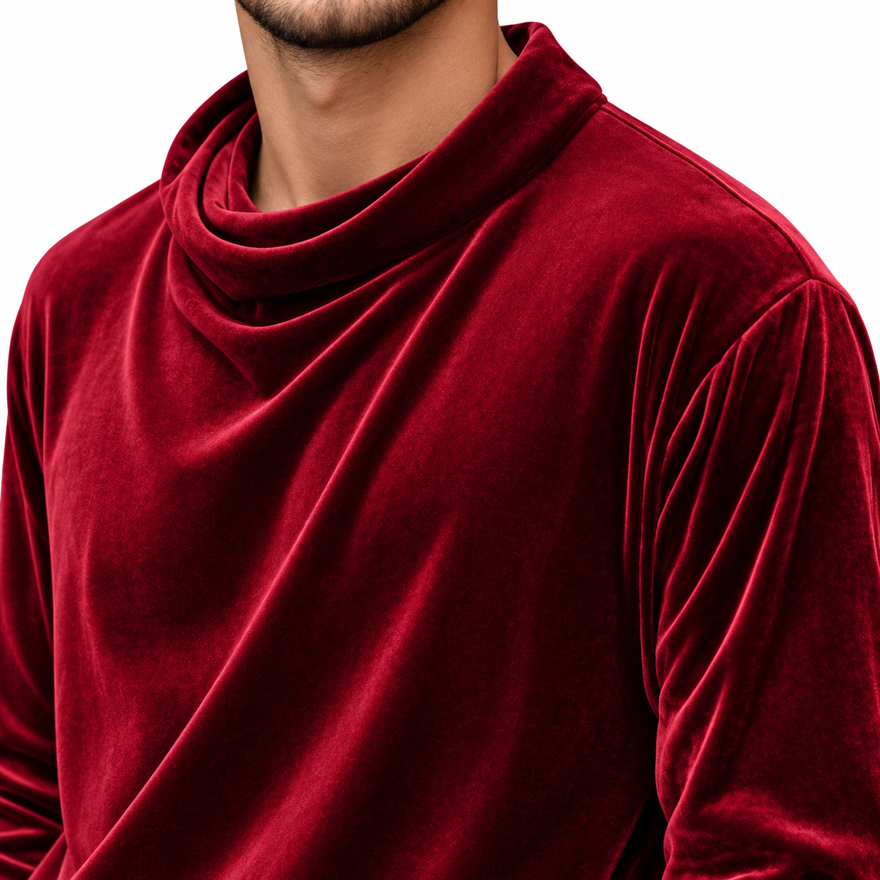 Men's wine red velvet pullover detail