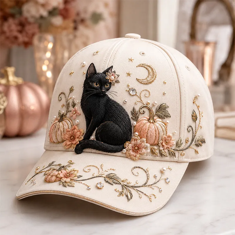 Midnight Black Cat Halloween embroidery cap