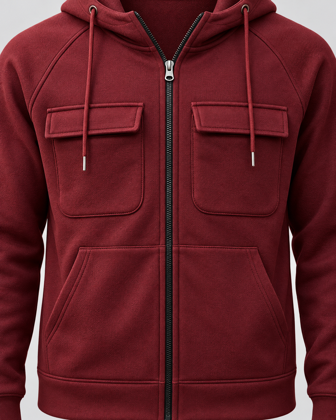 Wine red multi-pocket hooded zip jacket detail 2