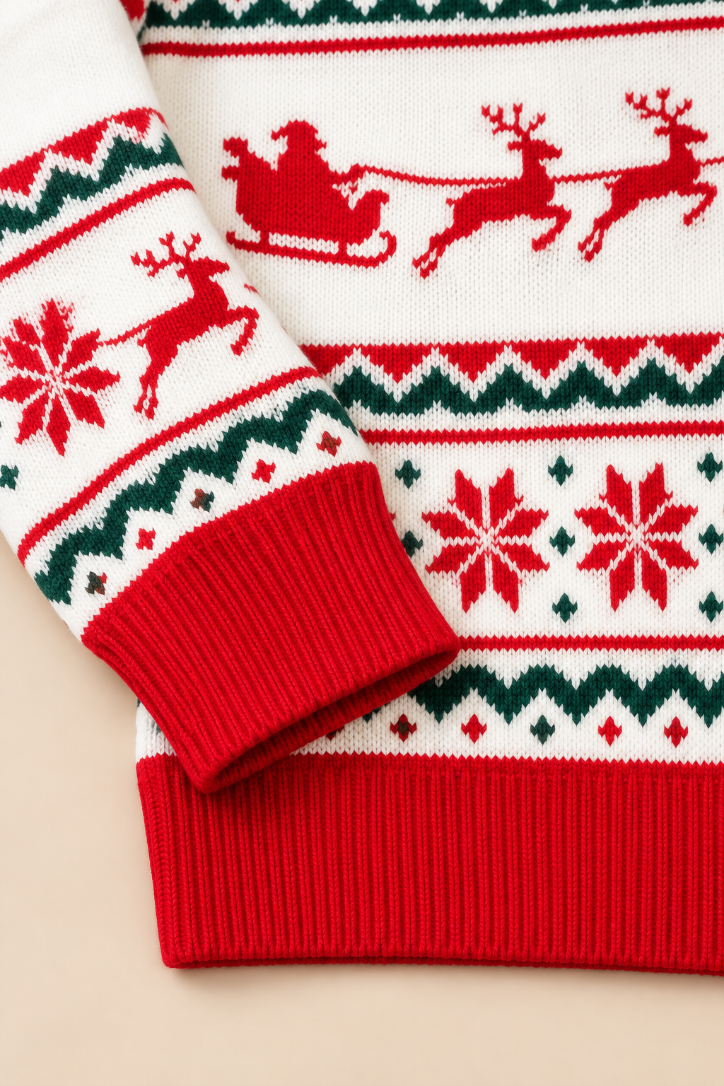Christmas crewneck sweater cuff and festive knit texture detail