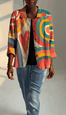 Animated detail view of the printed cardigan jacket