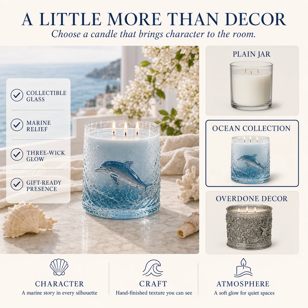 Comparison graphic showing the collectible glass, marine relief, three-wick glow and gift-ready presence of the ocean candle collection