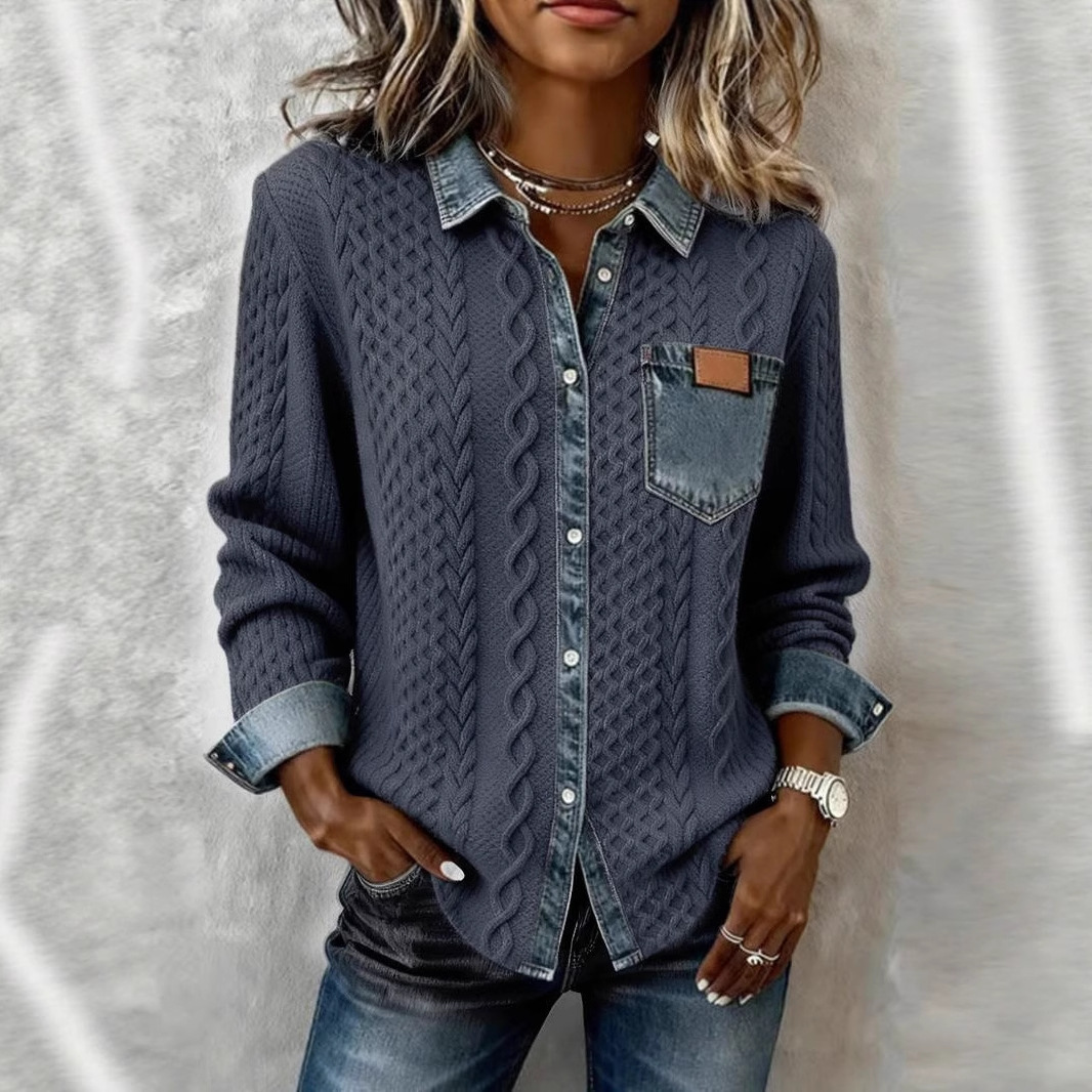 Cardigan in maglia a treccia con collo in denim patchwork