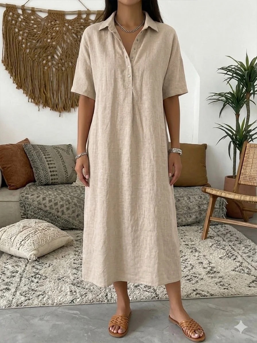 Abito Midi Camicia Donna con Collo Polo, Mezza Bottoniera, Maniche Corte, Taglio Rilassato Dritto, Casual Vacanze Tunica