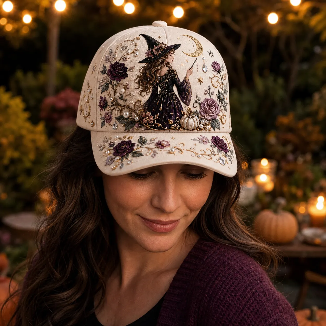Witch Magic Halloween embroidery cap worn at a warm evening garden gathering
