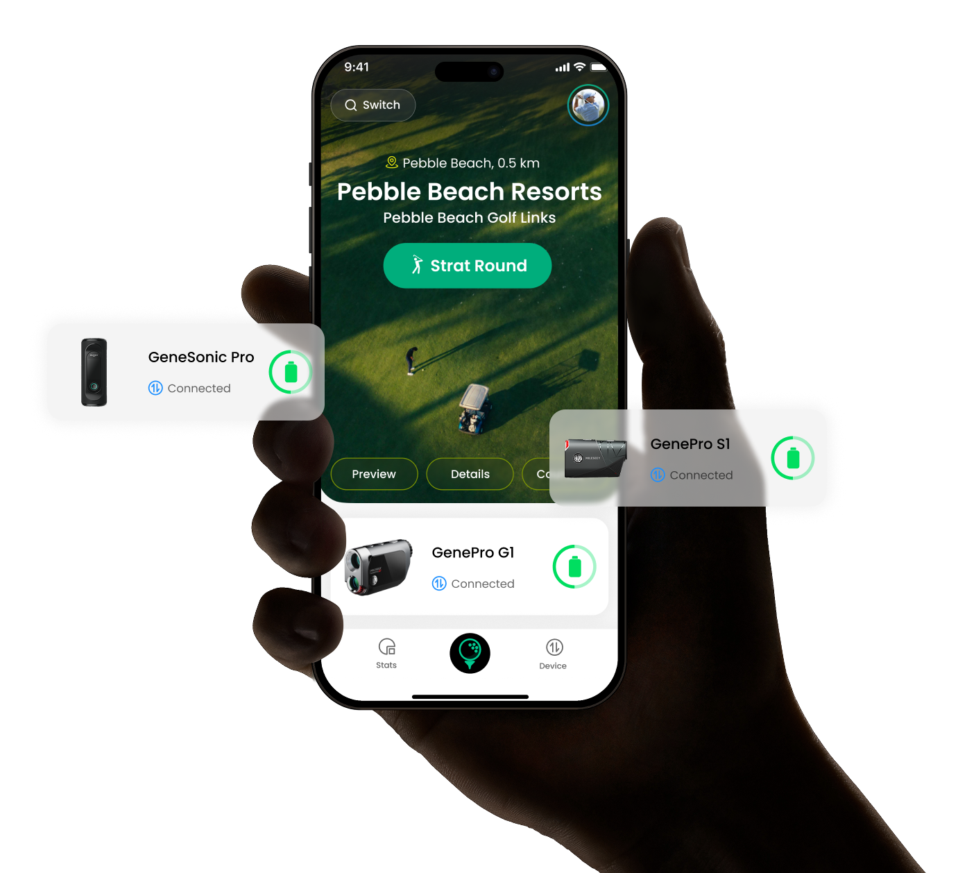 The MILESEEY GOLF APP displaying paired GenePro G1 rangefinder and golf round start screen