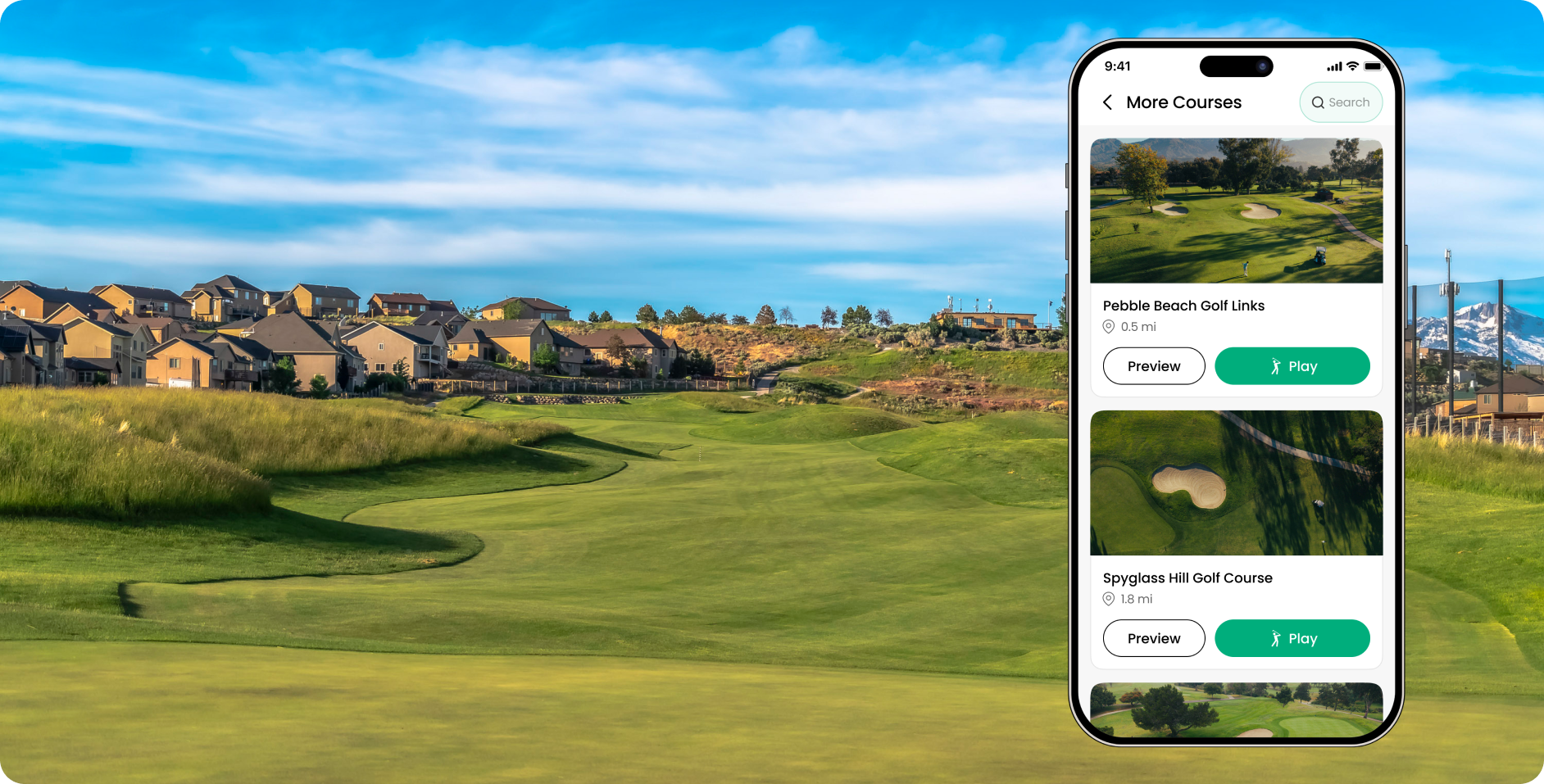 The MILESEEY GOLF APP displaying various golf course selections on the smartphone screen