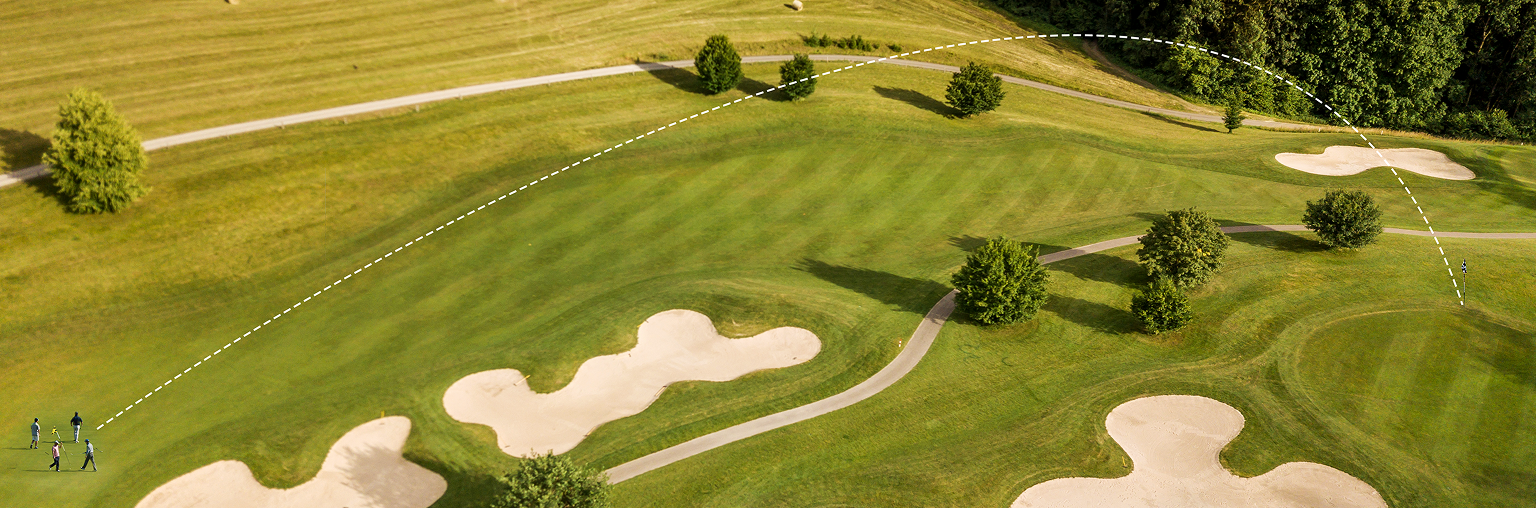 The aerial view shows a golf course marked with 1100‑yard measuring lines for golf distance finder reference.