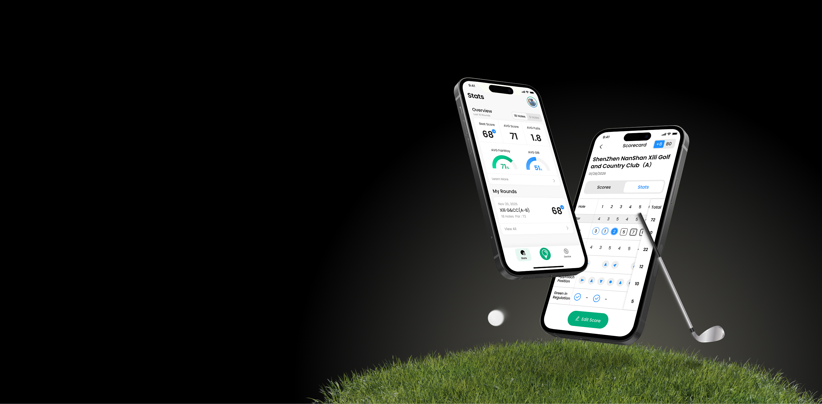 The MILESEEY GOLF APP showing golf statistics and scorecard data on smartphones