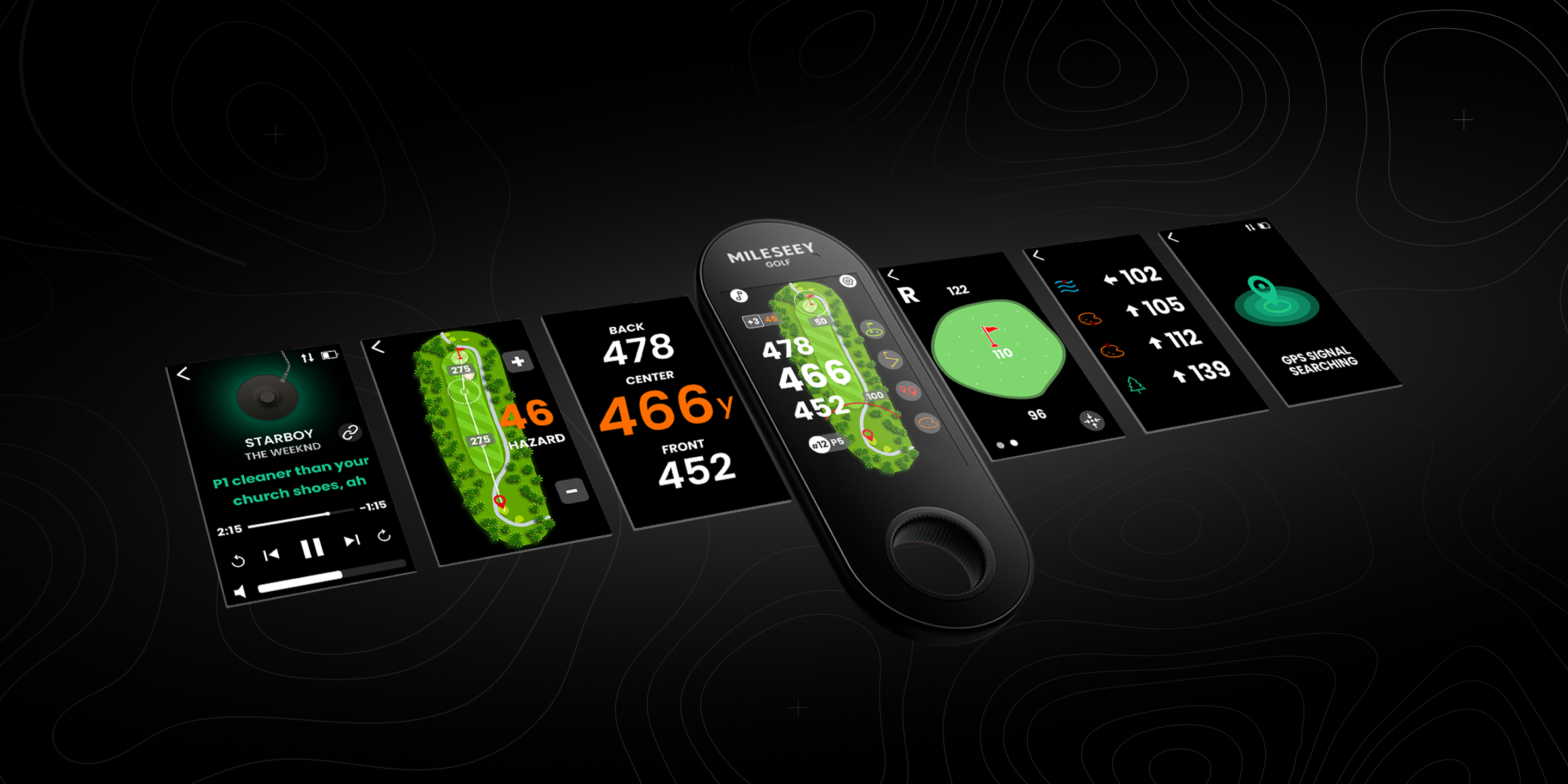 MILESEEY GeneSonic Go presents multiple interfaces for course maps, yardage data and audio playback.