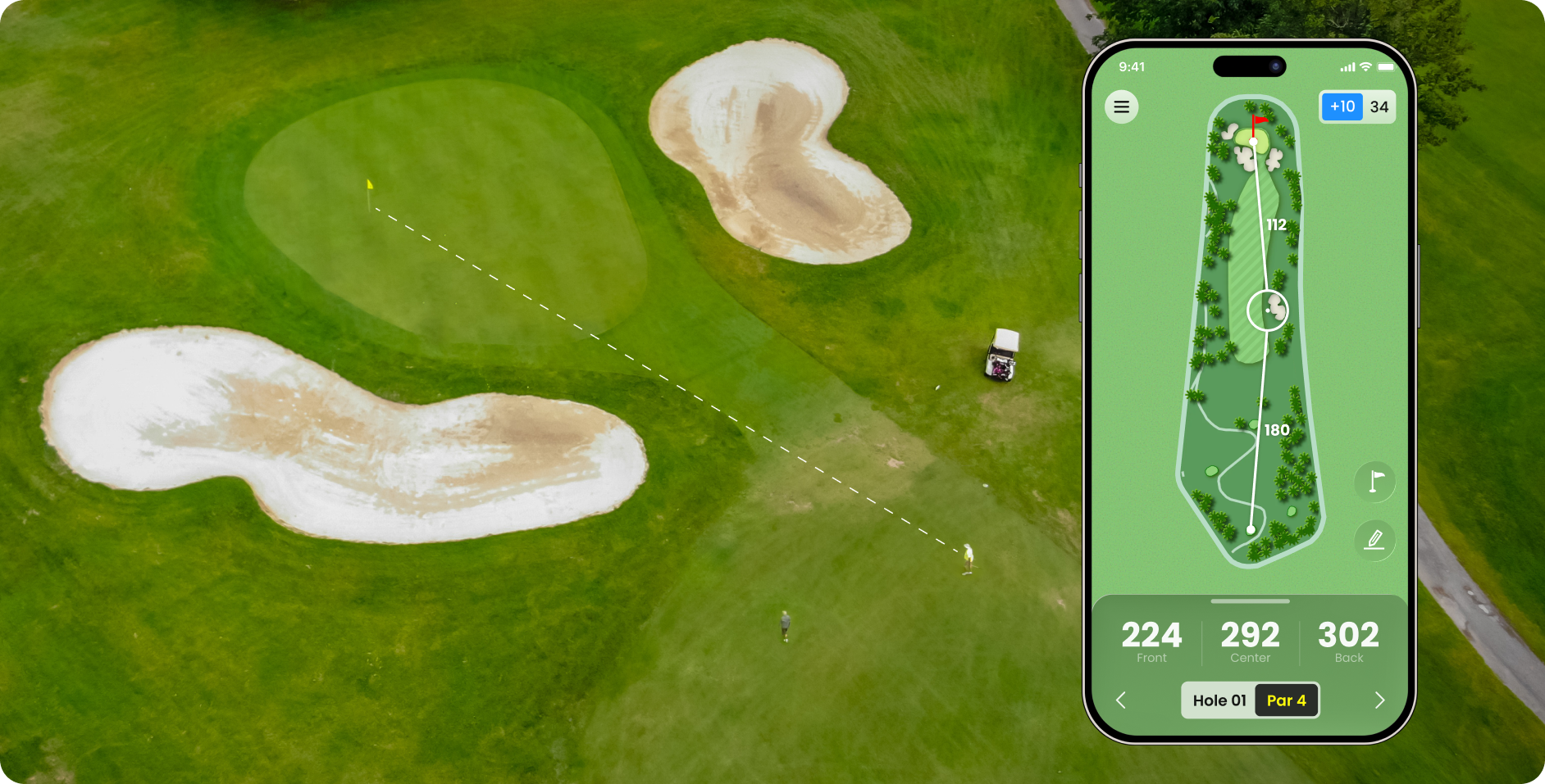 The MILESEEY GOLF APP displaying aerial golf hole view and sand trap hazard data on smartphone screen