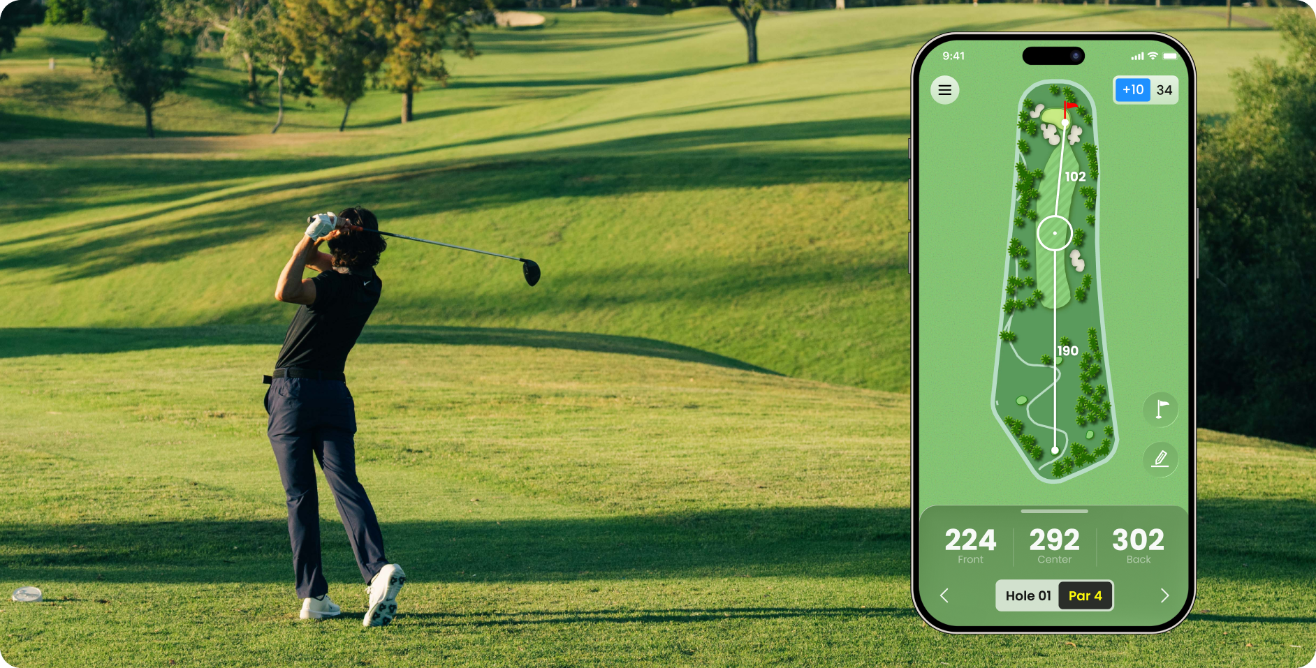 The MILESEEY GOLF APP displaying golf hole map alongside a golfer executing a swing