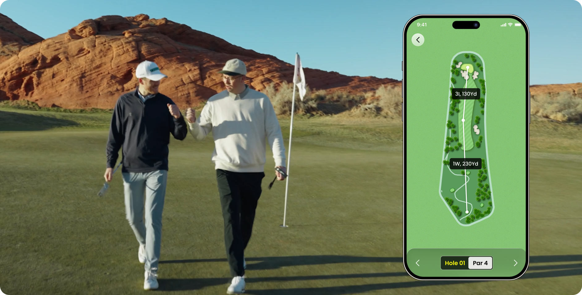 The MILESEEY GOLF APP displaying hole layout while two golfers walking on golf course