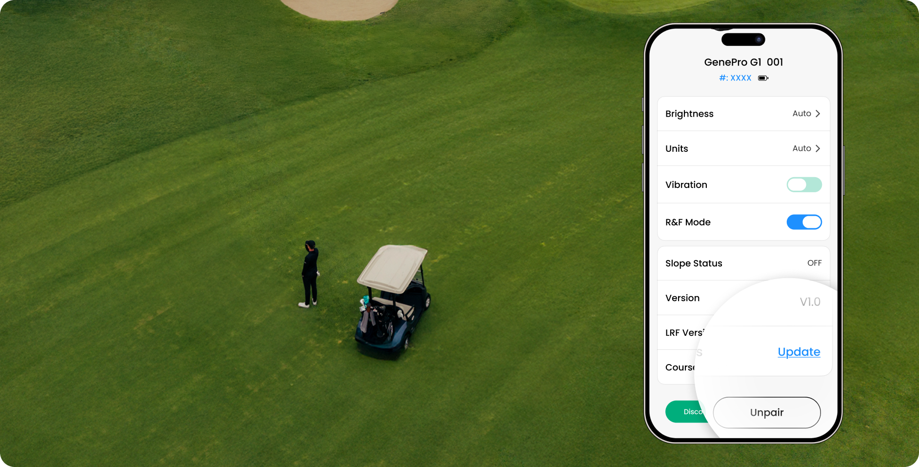 The MILESEEY GOLF APP showing app configuration settings beside overhead golf‑course scene with golfer and cart