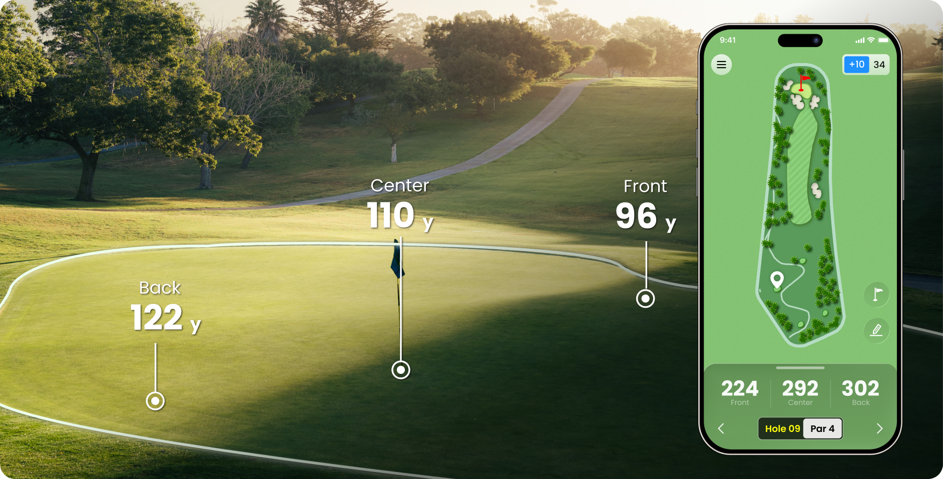 The MILESEEY GOLF APP showing golf distance readings and hole map on mobile screen
